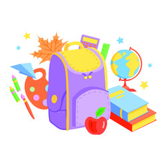 Vector illustration of a school backpack with subjects for study: globe, books, crayons, palette, paintbrush, calculator, apple.