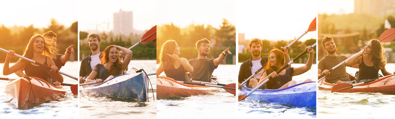 Obraz premium Confident young caucasian couple kayaking on river together with sunset in the backgrounds. Having fun in leisure activity.