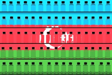 Glass vaccine vials on the shelves and flag of Azerbaijan. Vaccination related conceptual 3D rendering