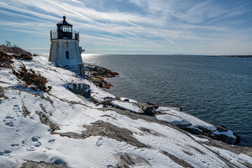 Castle Hill Lighthouse in Newport Rhode Island at winter, USA