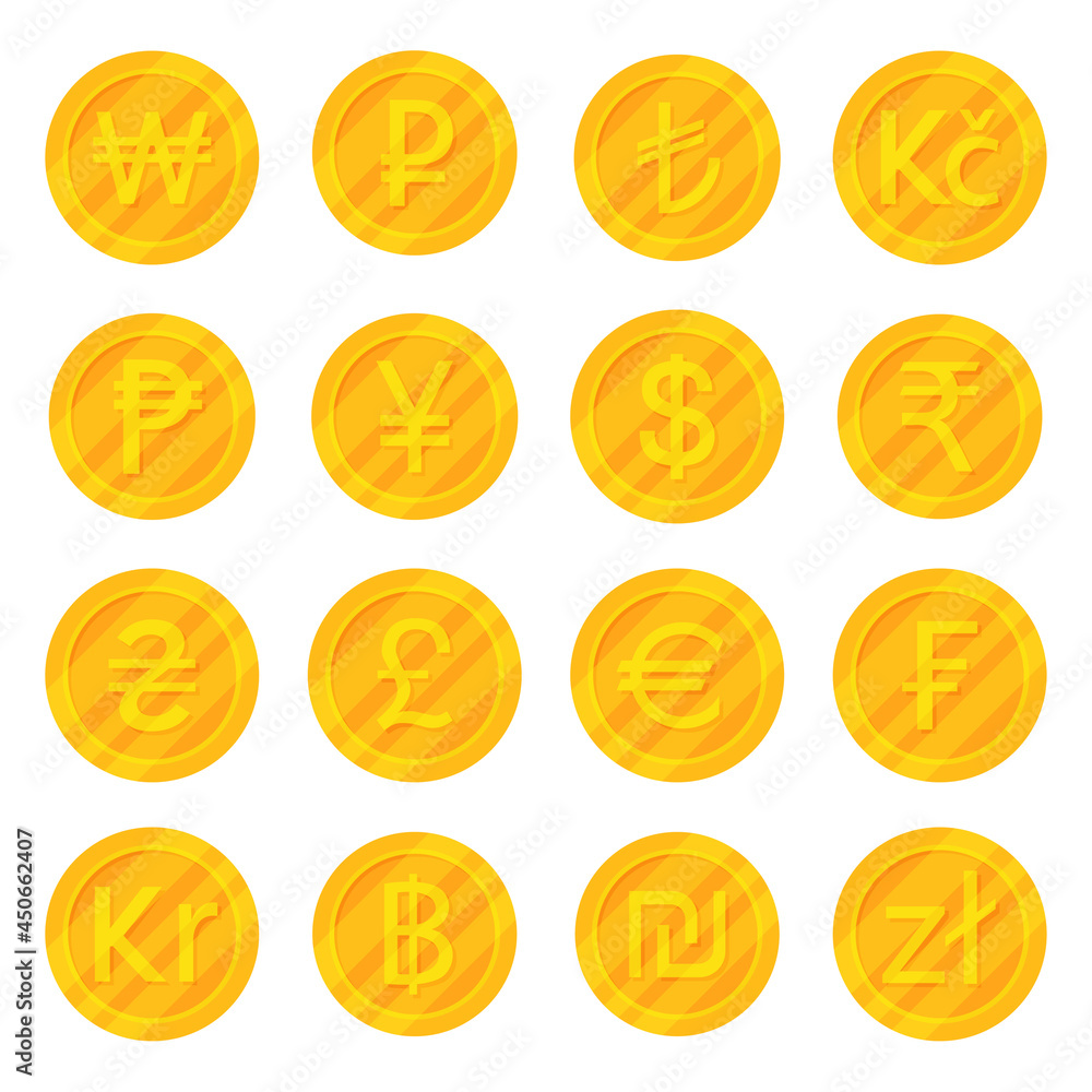 Poster set of golden coins most used currency symbols icon