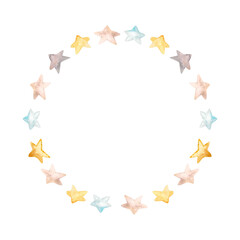 Watercolor frame with stars. Round starry template for text, invitations, photos, etc.