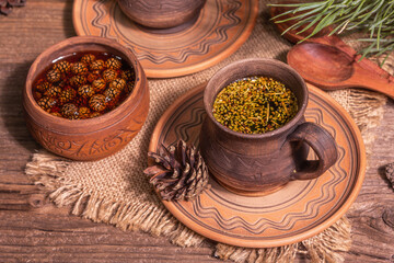 Pine needle tea, sollip-cha, traditional Korean beverage with pine cone jam