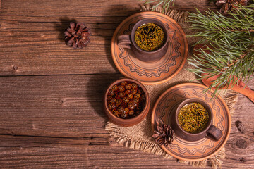 Pine needle tea, sollip-cha, traditional Korean beverage with pine cone jam