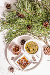 Pine needle tea, sollip-cha, traditional Korean beverage with pine cone jam