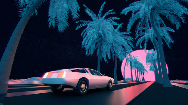 Retro car between palm trees is driving towards sunset- Neon Glow / Retrofuturism / SYNTHWAVE STYLE | 3D Illustration