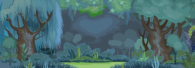 Forest glade in the evening. Dark trees at night. Playground. Edge with grass and hills. Meadow and bushes. Beautiful and graceful trees, grass. Flat style. Cartoon design. Vector © Ирина Мордвинкина