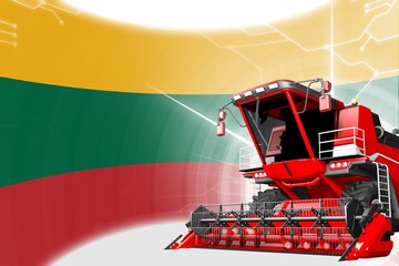 Fototapeta na wymiar Digital industrial 3D illustration of red advanced rural combine harvester on Lithuania flag - agriculture equipment innovation concept