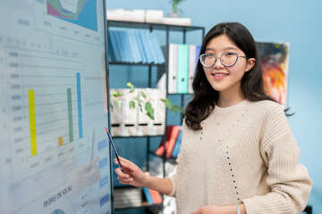 Portrait Chinese woman wearing a sweater and glasses, standing at an interactive whiteboard with a pencil and a pointer in her hand, explaining analyses, rankings and charts at a business meeting