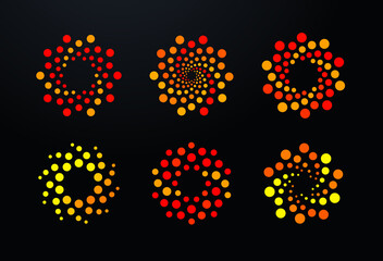 Bubbles points dots logo set, orange spiral round logos template. Abstract hurricane, vortex, sun, hot wheel sign, network connection icon, virus, flowers symbol. Tech and science vector logotype