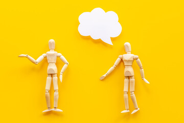 Man and woman connection. Couple of wooden mannequin figures.