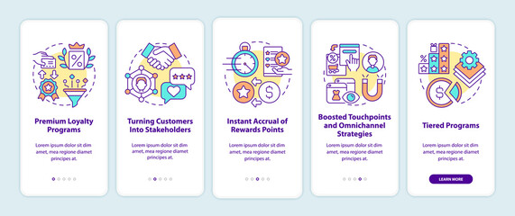 Loyalty program tendencies onboarding mobile app page screen. Reward program walkthrough 5 steps graphic instructions with concepts. UI, UX, GUI vector template with linear color illustrations