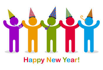 Happy New Year celebrating people vector concept simple illustration icon or greeting card, celebration anniversary or holiday fun, group of cheerful happy people having fun at party.