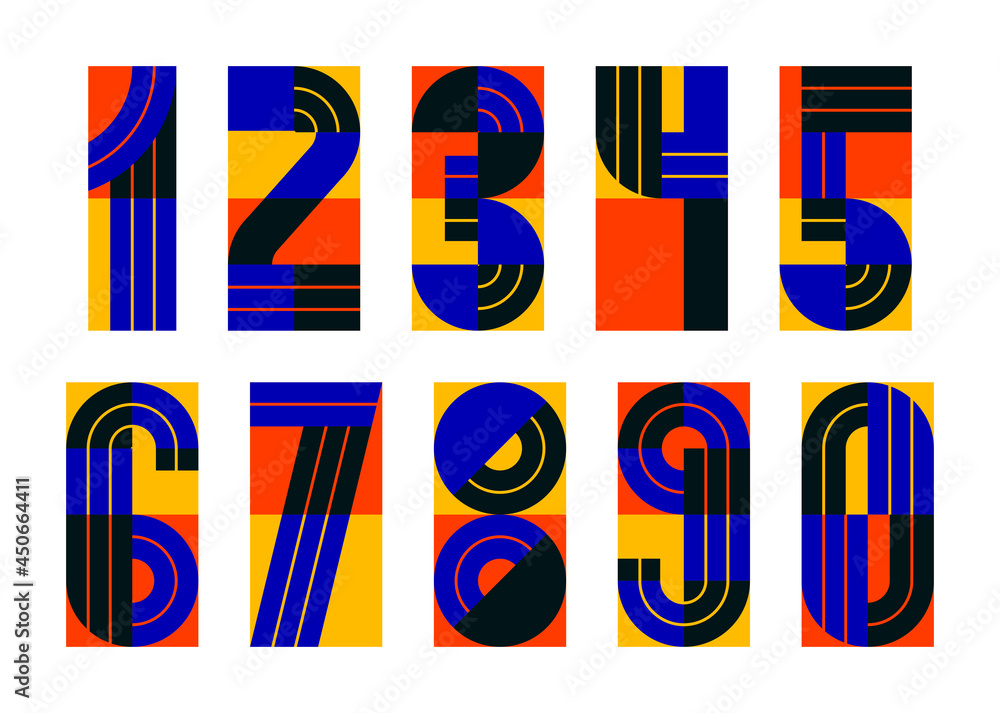 Poster geometric numbers set, vector digits, retro 90s style trendy numerals made with geometry elements, l