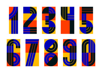 Geometric numbers set, vector digits, retro 90s style trendy numerals made with geometry elements, lined stripy design.