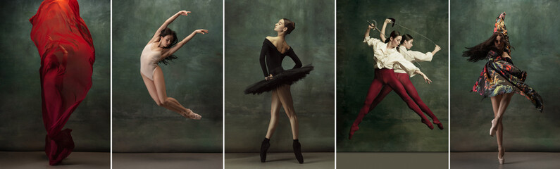 Collage of portraits of female ballet dancers dancing on dark vintage studio background. Concept of...