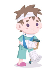 Cute style injured man with head and limb bandages cartoon illustration
