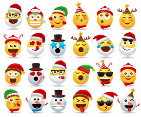 Christmas smileys character vector set. Christmas cartoon character like santa claus, snow man, elf and smiley in different facial expression like inlove, sleeping and cold for cute flat avatar.