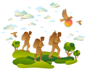 Happy active family hiking through meadows and fields with trees and birds in the summer sky. Father mother and son hikers having time of freedom in nature summer holidays, vector illustration.
