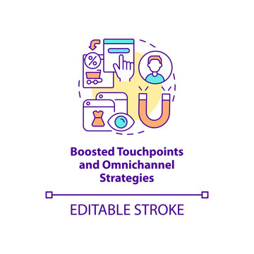 Boosted Touchpoints And Omnichannel Strategies Concept Icon. Multichannel Offer And Adds Abstract Idea Thin Line Illustration. Vector Isolated Outline Color Drawing. Editable Stroke