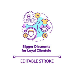 Bigger discounts for loyal clientele concept icon. Client privilege abstract idea thin line illustration. Premium membership perks. Vector isolated outline color drawing. Editable stroke