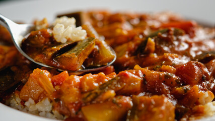 Eggplant curry with tomatoes. Close up on spoon, with selective focus. 