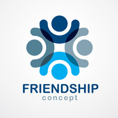 Teamwork businessman unity and cooperation concept created with simple geometric elements as a people crew. Vector icon or logo. Friendship dream team, united crew blue design.