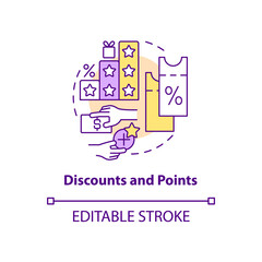 Discounts and points concept icon. Reward system for customers abstract idea thin line illustration. Shopping benefits. Loyalty program. Vector isolated outline color drawing. Editable stroke