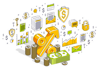 Percentage rate income profit concept, percent symbol with cash money stack isolated on white background. Isometric 3d vector finance illustration with icons, stats charts and design elements.