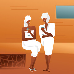 Adult ladies in a bathhouse in white coats with towels and drinks in glasses are sitting on a tree and talking. Girls gossip in the sauna, the concept of relaxing with friends.