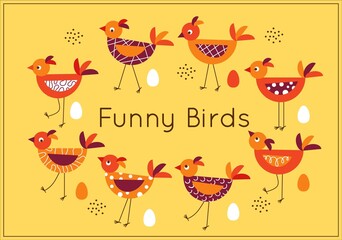 Set of cute small birdies on thin legs with eggs. Simple geometric style. Vector design elements.