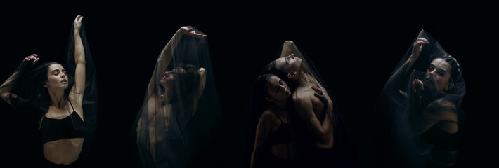 The photo as art - a sensual and emotional dance of beautiful ballerina through the veil on a dark...