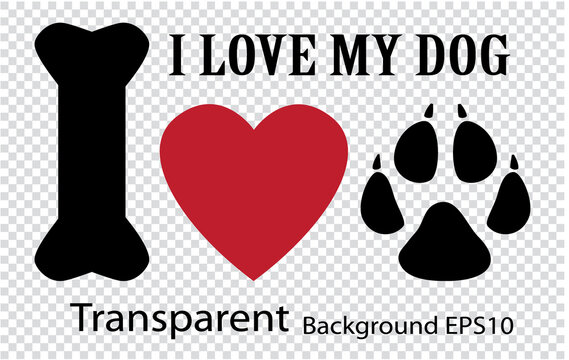 Dog track - animal footprint, Black, red and white transparetn vector illustration. I love my dog. A rebus concept for dog lovers. Sticker, banner, logo.

