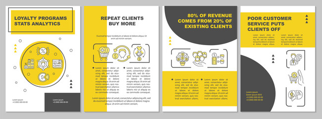 Loyalty programs statistics analytics brochure template. Flyer, booklet, leaflet print, cover design with linear icons. Vector layouts for presentation, annual reports, advertisement pages