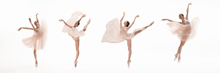 Collage of portraits of one young beautiful female ballet dancer with yellow fabric in action isolated on white background. Concept of art, theater, beauty and creativity - obrazy, fototapety, plakaty
