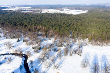 Drone shot flying on winter forest,  aerial bird-eye view.