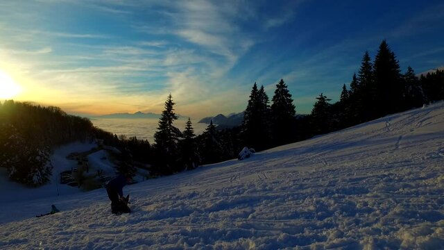 Small village in a cold winter evening, just before sun goes down and cold evening splashes over it. In the cold mountains. Europe.