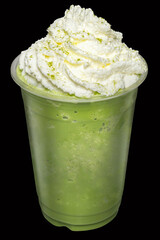 Green Tea Smoothies mixed with whip cream topping on top isolated.