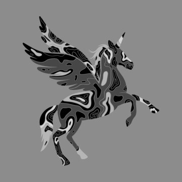 Unicorn illustration. Monochrome unicorn with wings