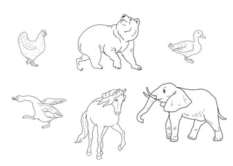 Animals of wildlife set. Chicken, elephant, bear, duck, goose, horse. Black and white illustration. Vector. Vintage. Circuit. Coloring pages.