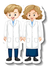 Cartoon character sticker with children in science gown