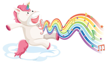 Unicorn jumping on the cloud with melody symbols on rainbow wave
