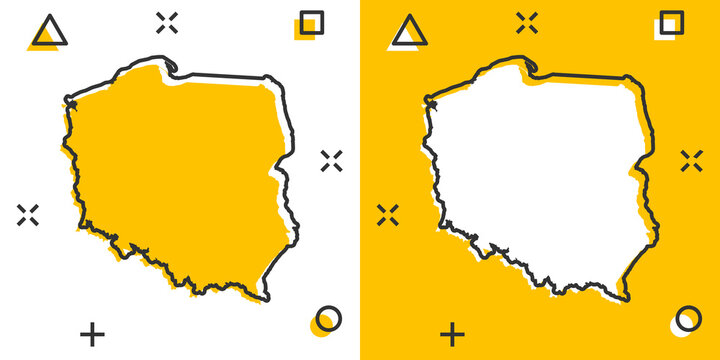 Fototapeta Vector cartoon Poland map icon in comic style. Poland sign illustration pictogram. Cartography map business splash effect concept.
