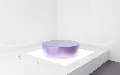 Purple cylinder podium abstract geometric white background and light design. Metal, Silver pedestal, stage modern with sphere. Empty abstract minimal studio room. Mockup space for product. 3D render.