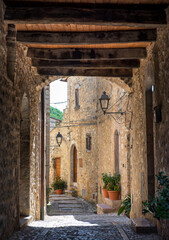Fototapeta na wymiar Vallo di Nera, Umbria, Italy, August 3 2021, perspective on an alleway in the ancient center of the village 