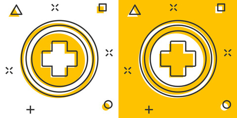 Fototapeta premium Vector cartoon medical health icon in comic style. Medicine hospital plus sign illustration pictogram. Medical business splash effect concept.