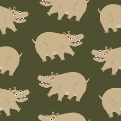 Obraz premium Creepy hippo with funny teeth. African safari animals on a green background. Baby character hand drawn vector illustration. Cute hippopotamus seamless pattern.