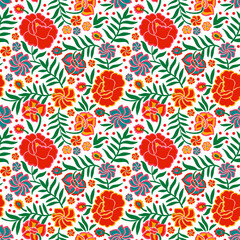 Seamless pattern with animal and floral ornament in the style of Mexican otomi embroidery - 450668061
