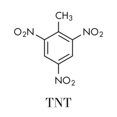 Trinitrotoluene (TNT) high explosive molecule. Skeletal formula.