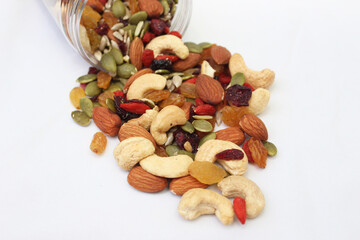 The healthy snack with ailmonds, nuts, dried grapes, pumkin seed and more of dried fruits. Focus in the middle and blurred around